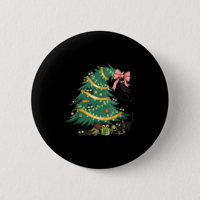 Funny Christmas Tree Cute Black Cat Matching Famil Button (Front)