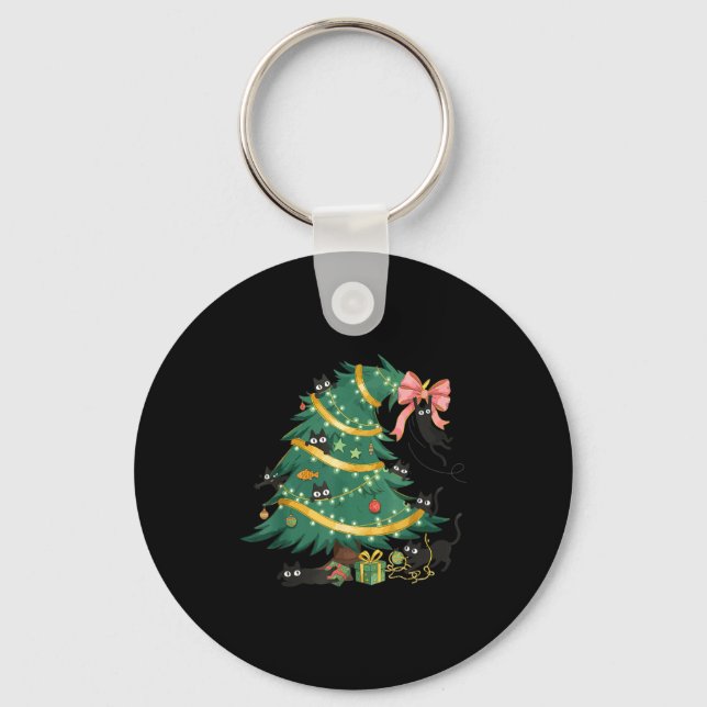 Funny Christmas Tree Cute Black Cat Matching Famil Keychain (Front)