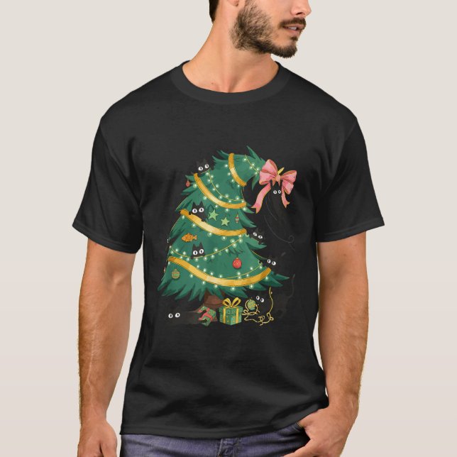 Funny Christmas Tree Cute Black Cat Matching Famil T-Shirt (Front)