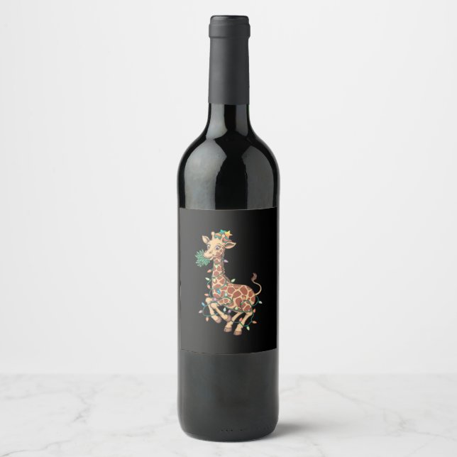 Funny Christmas Tree Giraffe Lover Gift Love  Wine Label (Front)