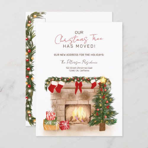 Funny Christmas tree moved cozy winter moving Announcement Postcard