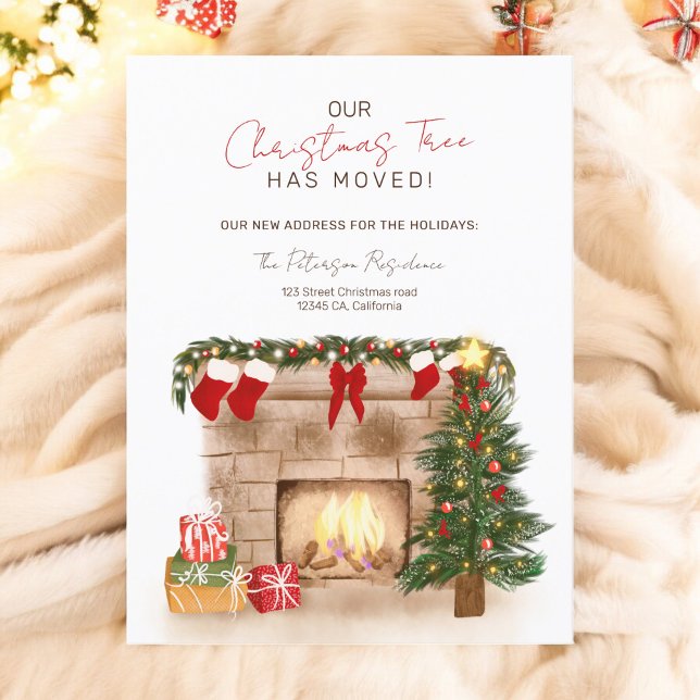 Funny Christmas tree moved cozy winter moving Announcement Postcard (Funny Christmas tree moved cozy winter moving Announcement Postcard)