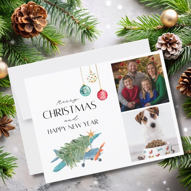 Funny Christmas Tree on Airplane 2 Family Photos Postcard (Creator Uploaded)