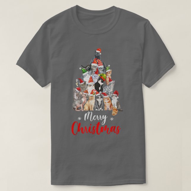 Funny Christmas Tree with Santa Hat Cats Funny Chr T-Shirt (Design Front)