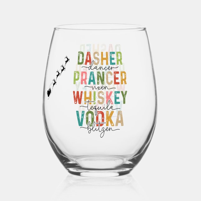 Funny Christmas Tumbler Dasher Prancer Blitzen Stemless Wine Glass (Front)