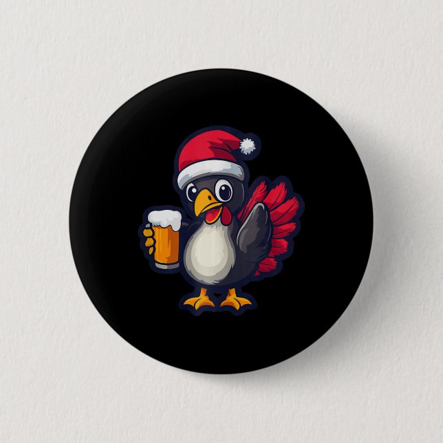 Funny Christmas Turkey Animal With Beer Comic  Button (Front)