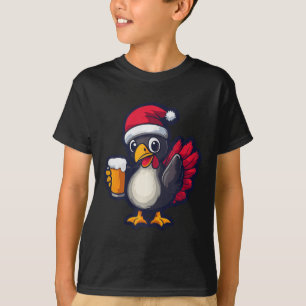 Funny Christmas Turkey Animal With Beer Comic  T-Shirt