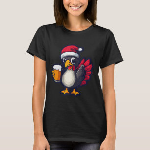 Funny Christmas Turkey Animal With Beer Comic T-Shirt