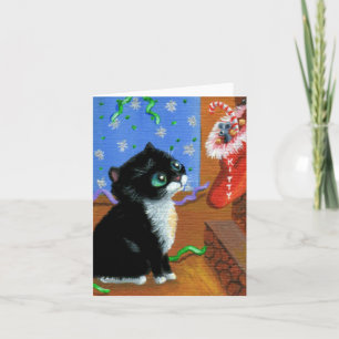 Funny Christmas Tuxedo Black  Cat Creationarts Holiday Card