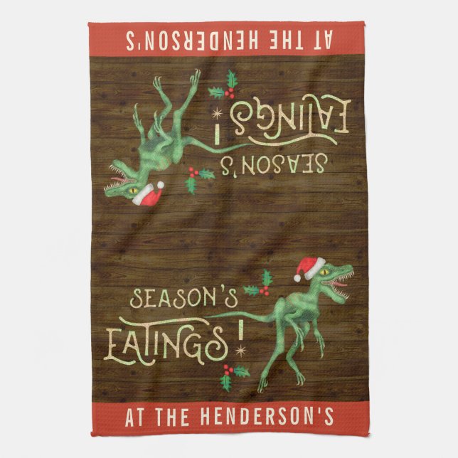 Funny Christmas Velociraptor Dinosaur Custom Name Towel (Vertical)