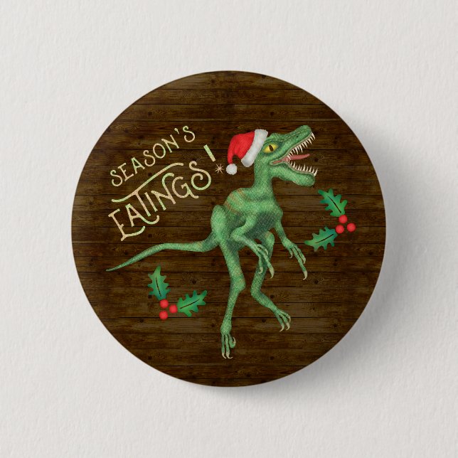 Funny Christmas Velociraptor Dinosaur Eatings Button (Front)