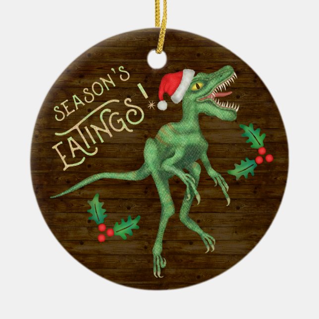 Funny Christmas Velociraptor Dinosaur Eatings Ceramic Ornament (Front)
