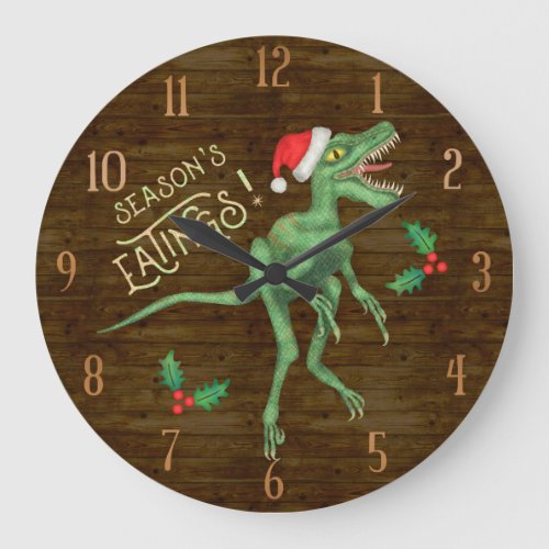 Funny Christmas Velociraptor Dinosaur Eatings Large Clock