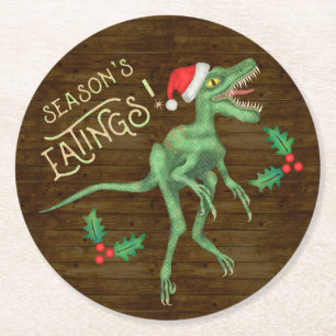 Funny Christmas Velociraptor Dinosaur Eatings Round Paper Coaster