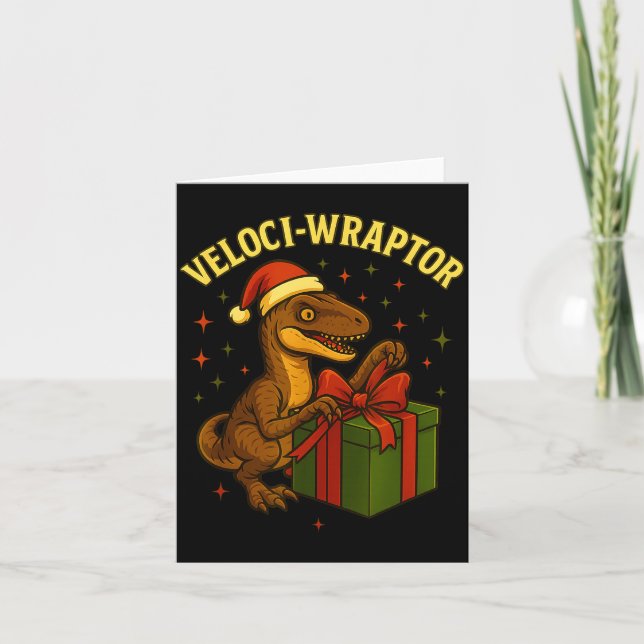 Funny Christmas Velociraptor Pun Veloci-wraptor  Card (Front)