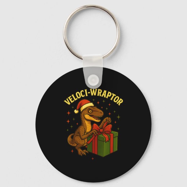 Funny Christmas Velociraptor Pun Veloci-wraptor  Keychain (Front)