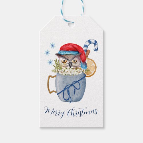 Funny Christmas Watercolor Owl Red Santa Hat   Gift Tags