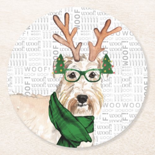 Funny Christmas Wheatn Terrier Dog Lover Round Paper Coaster