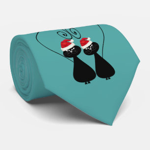 Funny Christmas whimsical cartoon cat love couple Tie