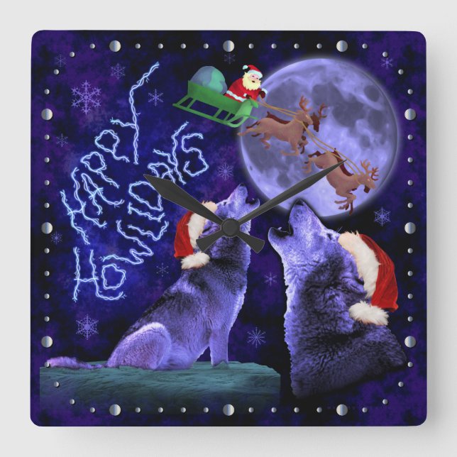 Funny Christmas Wolf Pun Animal Humor Square Wall Clock (Front)