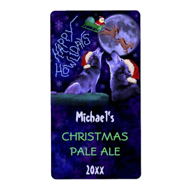 Funny Christmas Wolf Pun Beer Bottle Craft Brewing Label (Front)