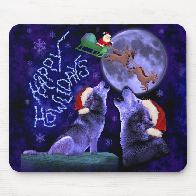 Funny Christmas Wolf Pun Happy Howlidays Humor Mouse Pad (Front)