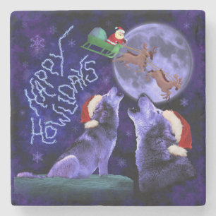 Funny Christmas Wolf Pun Happy Howlidays Humor Stone Coaster