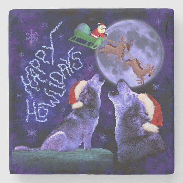 Funny Christmas Wolf Pun Happy Howlidays Humor Stone Coaster (Front)