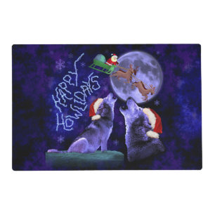 Funny Christmas Wolf Pun Happy Howlidays Party Placemat