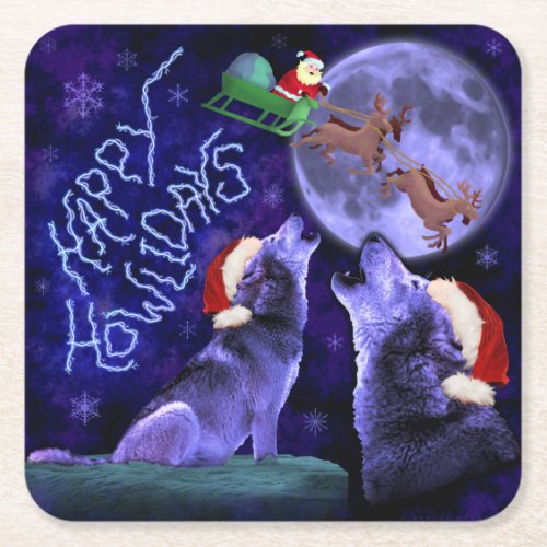 Funny Christmas Wolf Pun Happy Howlidays Party Square Paper Coaster