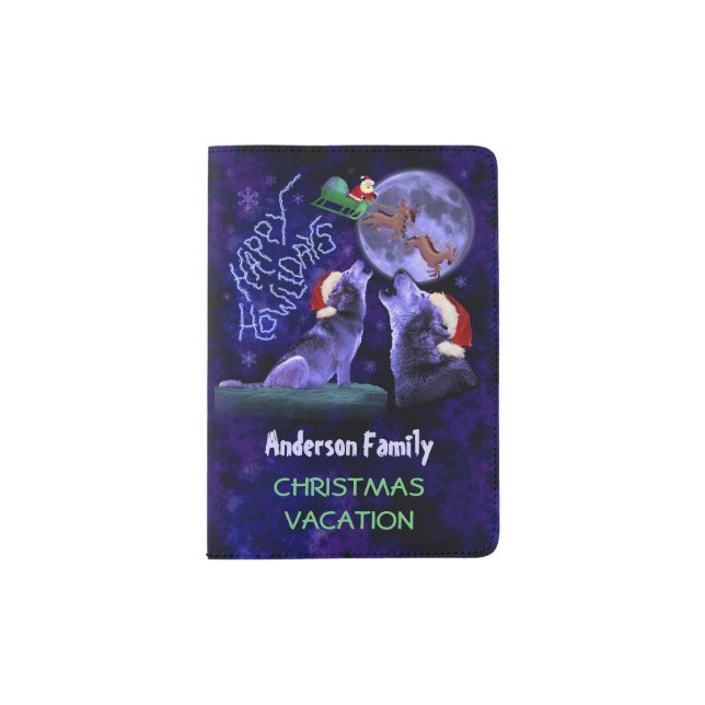 Funny Christmas Wolf Pun Howlidays Family Vacation Passport Holder (Front)