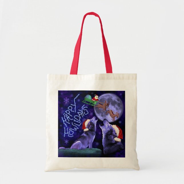 Funny Christmas Wolf Pun Howlidays Humor Tote Bag (Front)