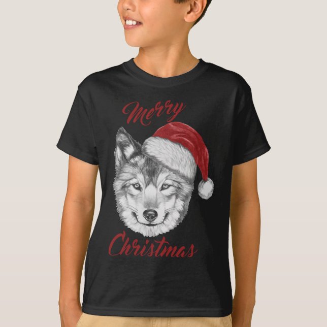 Funny Christmas Wolf With Santa Hat T-Shirt (Front)