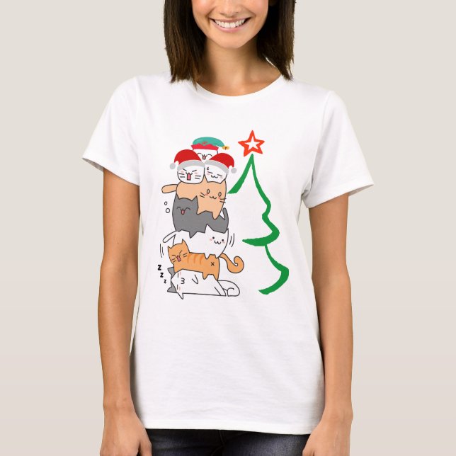 Funny ChristmasCat Stack Tower, Cat Mom Christmas T-Shirt (Front)