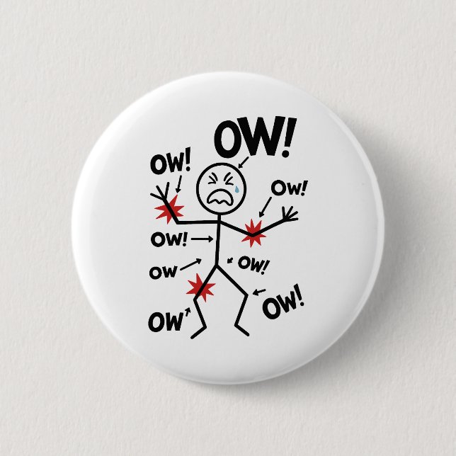 Funny Chronic Pain Awareness Ow Ow Stick Figure Button (Front)