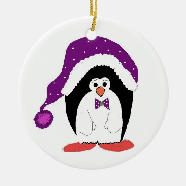 Funny Chubby Christmas Penguin Ceramic Ornament (Front)