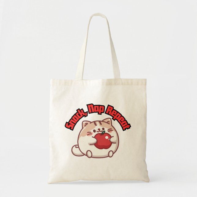 Funny Chubby Kawaii Anim Cat with Apple Tote bag (Front)