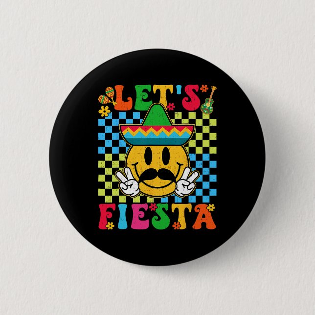Funny Cinco De Mayo Checkered Let's Fiesta Smile M Button (Front)