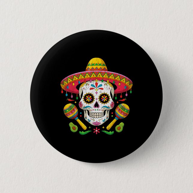 Funny Cinco De Mayo Funny Skull With Sombrero Hat  Button (Front)