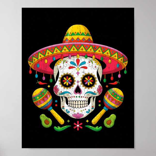 Funny Cinco De Mayo Funny Skull With Sombrero Hat  Poster (Front)