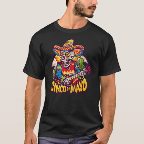 Funny Cinco De Mayo Vintage Mexican Skull Guitar  T_Shirt