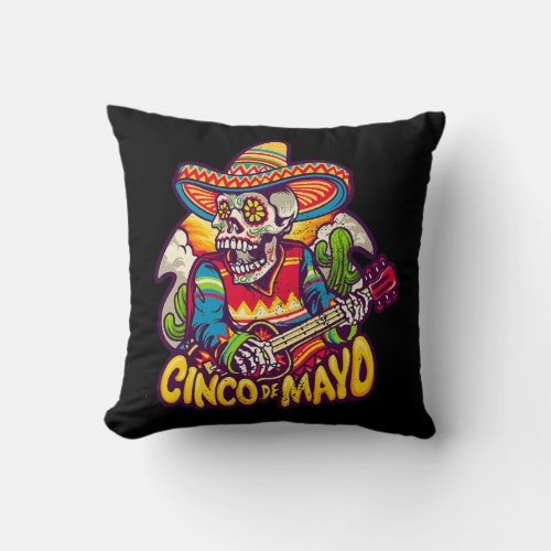 Funny Cinco De Mayo Vintage Mexican Skull Guitar  Throw Pillow