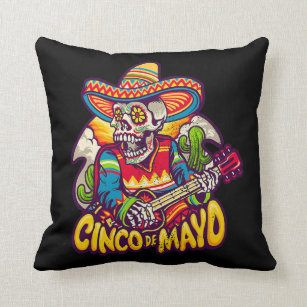 Funny Cinco De Mayo Vintage Mexican Skull Guitar  Throw Pillow