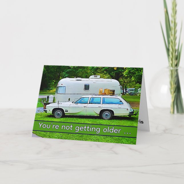 Funny Classic Retro Camper Happy Birthday Card (Front)