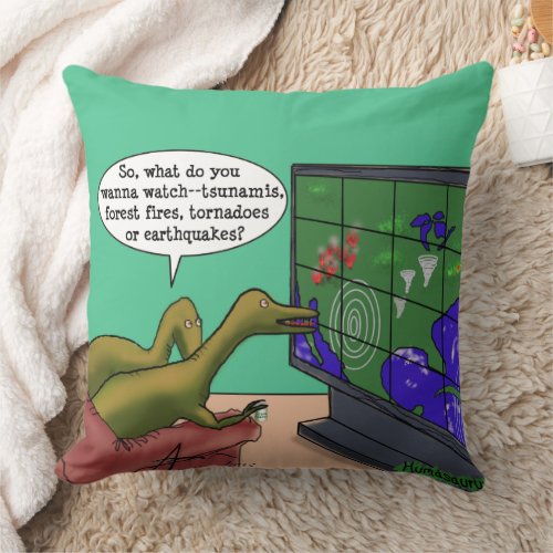 Funny Climate Change Dinosaurs Watch Weather on TV Throw Pillow