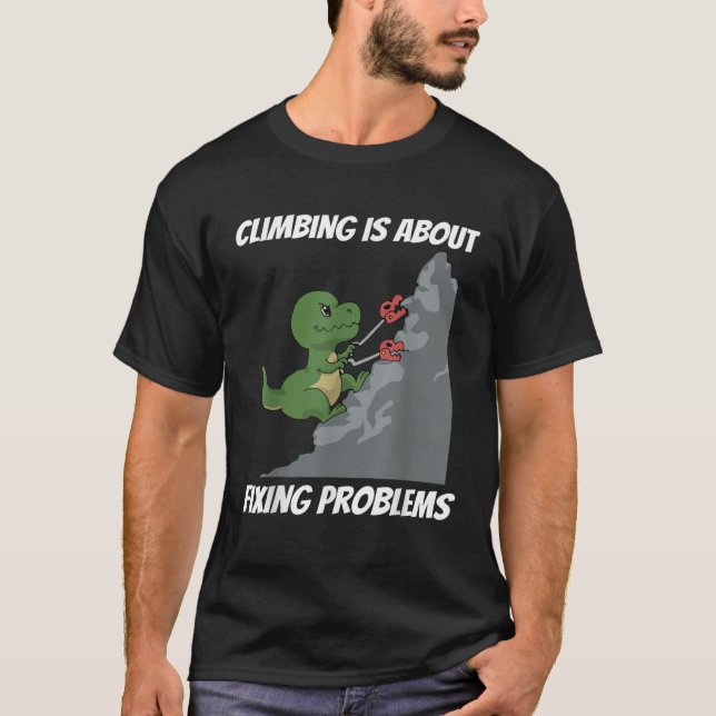 Funny Climbing T Shirt T Rex Rock Climber Dinosaur (Front)