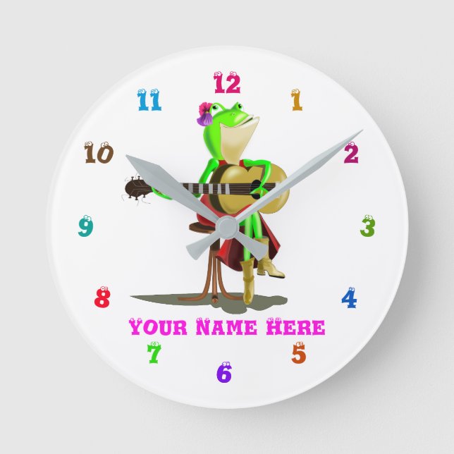 Funny Clock with Frog Guitarist Custom Text Name (Front)