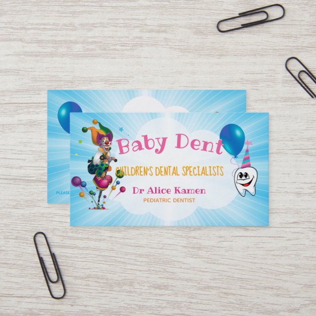 Funny Clown and Happy Tooth | Pediatric Dentist Business Card (Front/Back In Situ)