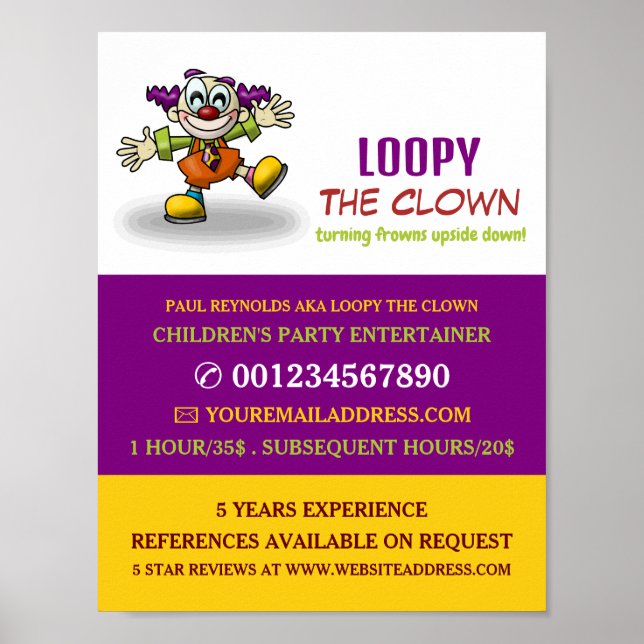Funny Clown, Kids Entertainer, Clown Advertising Poster (Front)