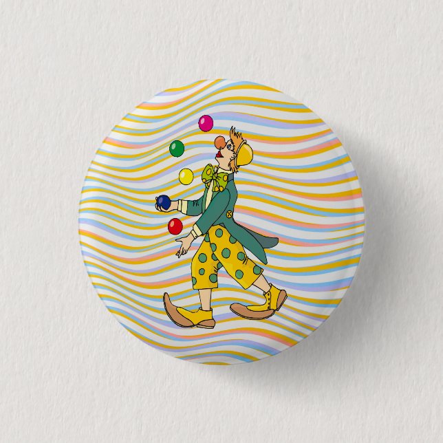Funny Clown Playing With Colorful Balls Button (Front)